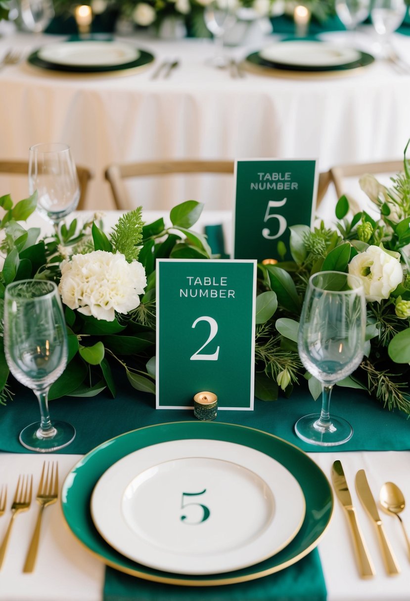 Emerald green table number cards arranged with lush greenery and elegant tableware for a wedding reception