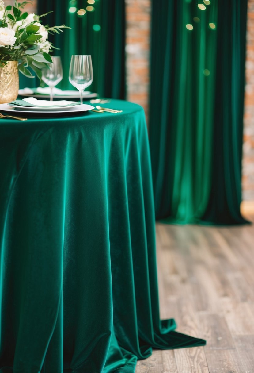 A velvet emerald tablecloth drapes over a table adorned with emerald green wedding decorations