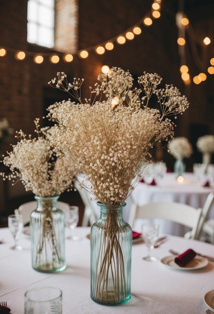 Dried baby's breath in vintage vases adorn wedding tables