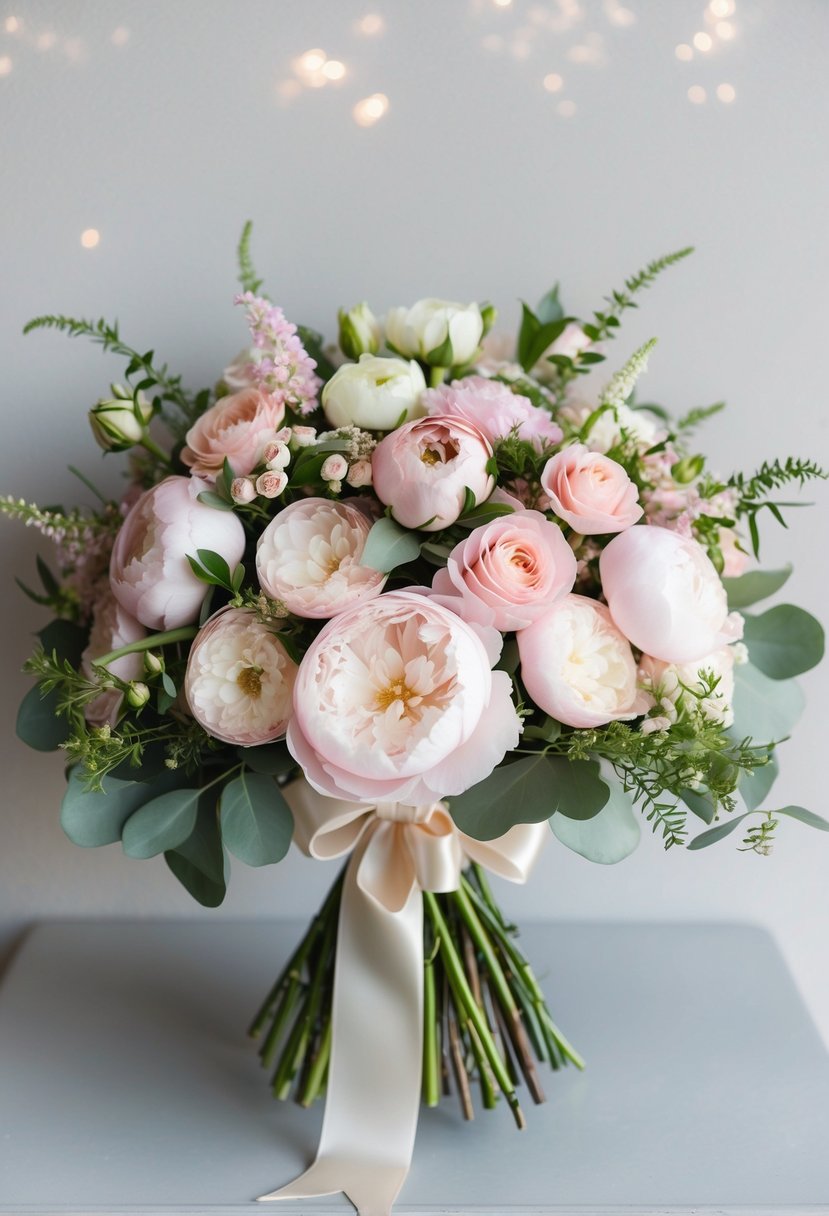 A bouquet of light pink roses, peonies, and ranunculus arranged in a cascading style, accented with greenery and tied with a satin ribbon