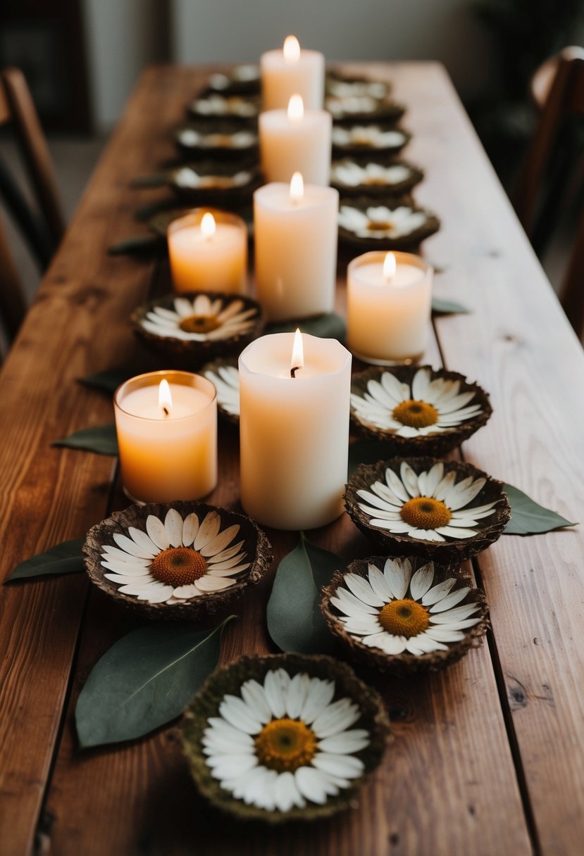 Pressed flowers arranged around candles on a wooden table, creating a romantic and rustic wedding centerpiece