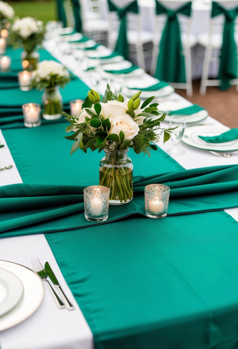 Emerald green table runners adorned with silver accents, set on a table with matching green wedding decorations