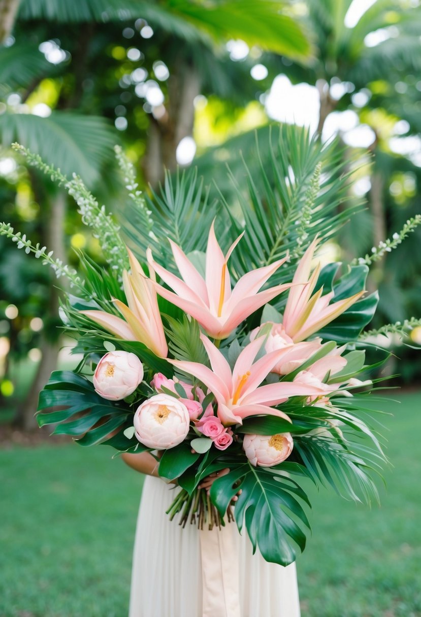 A lush bouquet of soft pink tropical flowers and delicate greenery, arranged in a loose and romantic style