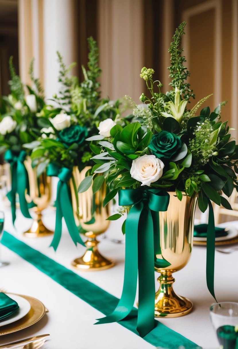 Gold vases filled with lush emerald green foliage, adorned with elegant emerald ribbons, creating a stunning wedding table centerpiece