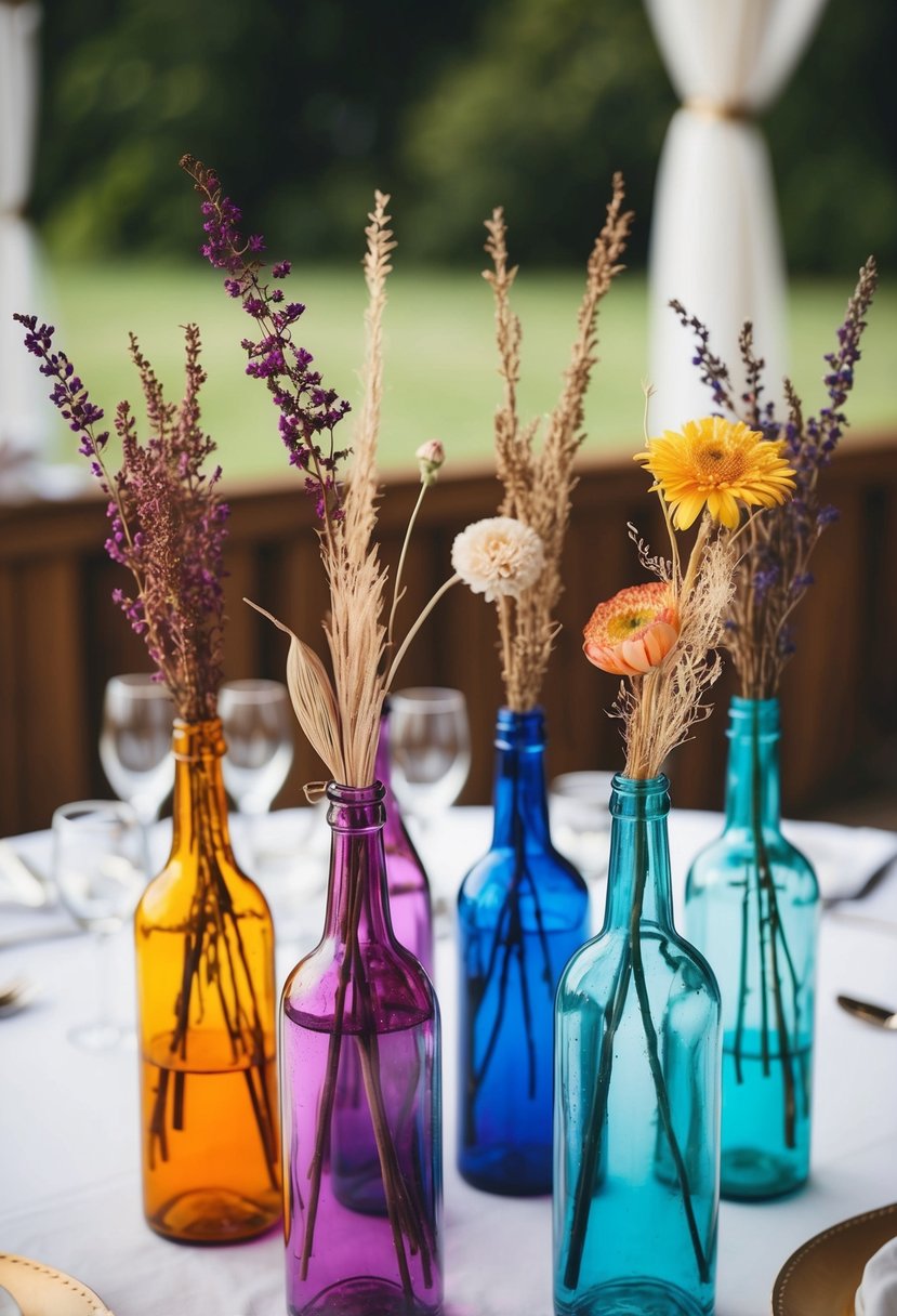 Colored glass bottles filled with dried stems and flowers arranged on a wedding table