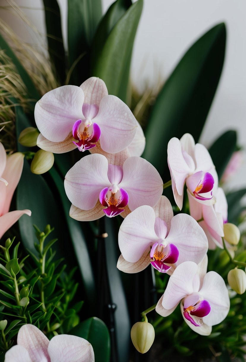 A delicate, light pink orchid bouquet nestled among lush greenery