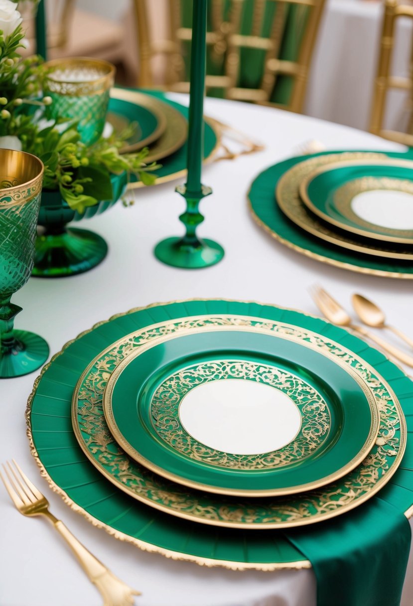 Emerald green chargers with intricate gold detailing set on a table with matching green decor and elegant tableware