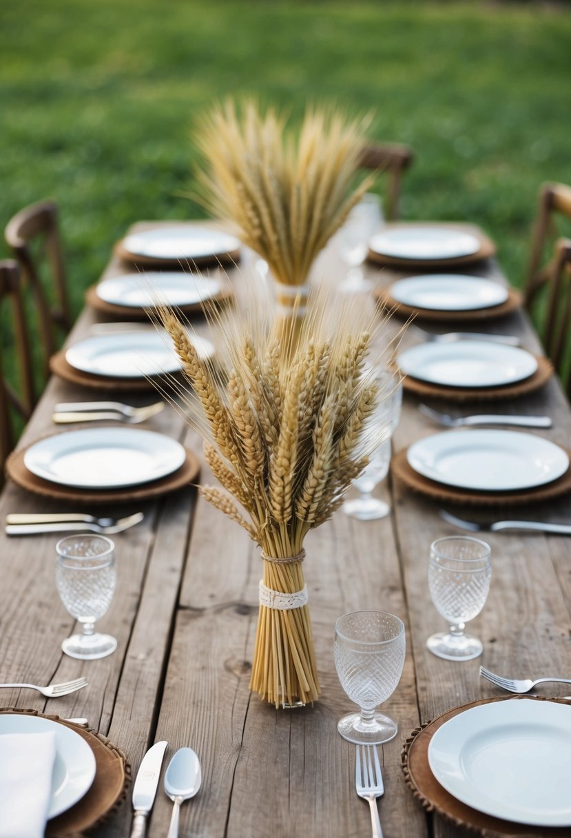 A rustic table set with simple wheat sheaf centerpieces and dried flowers