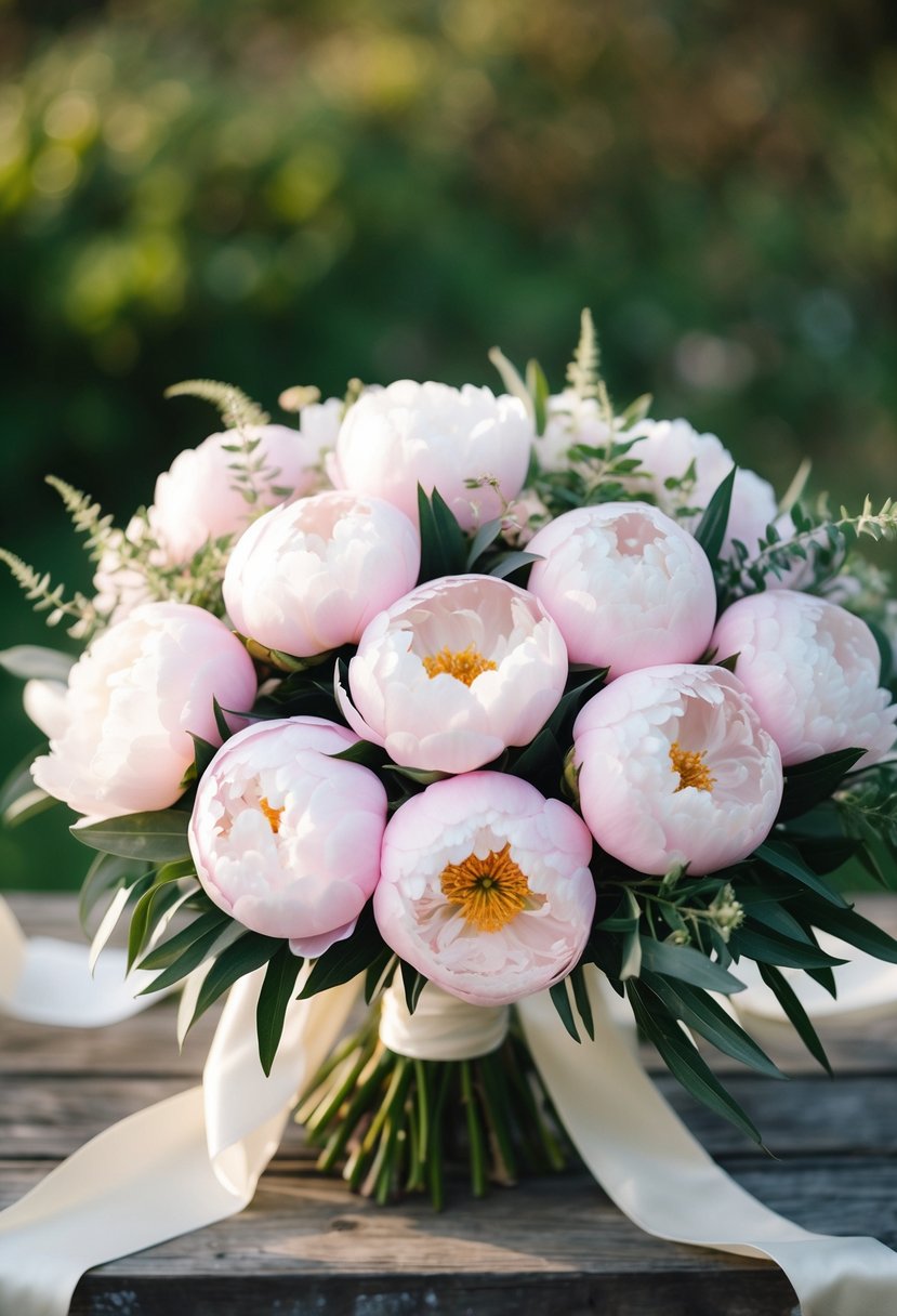 A symphony of light pink peonies arranged in a wedding bouquet, with delicate green foliage and soft, flowing ribbons