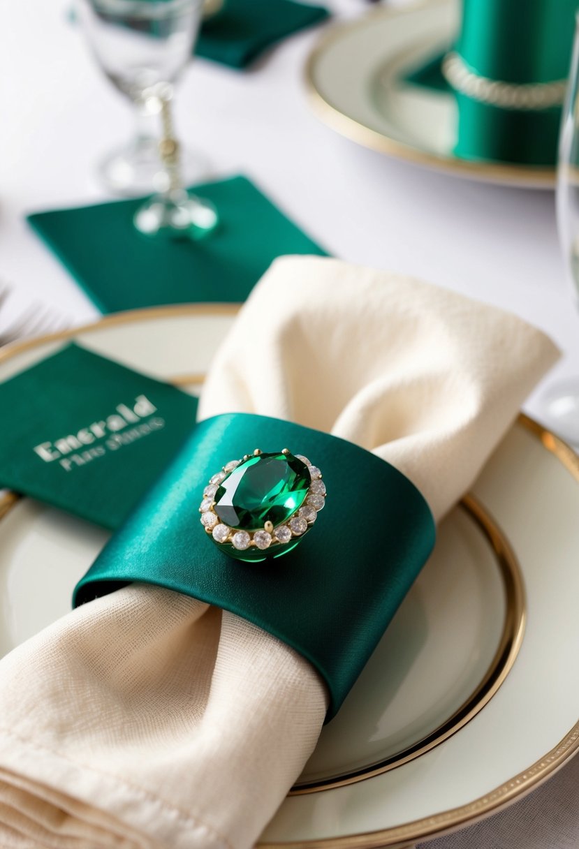 Emerald green napkin rings on ivory napkins, surrounded by matching table decorations