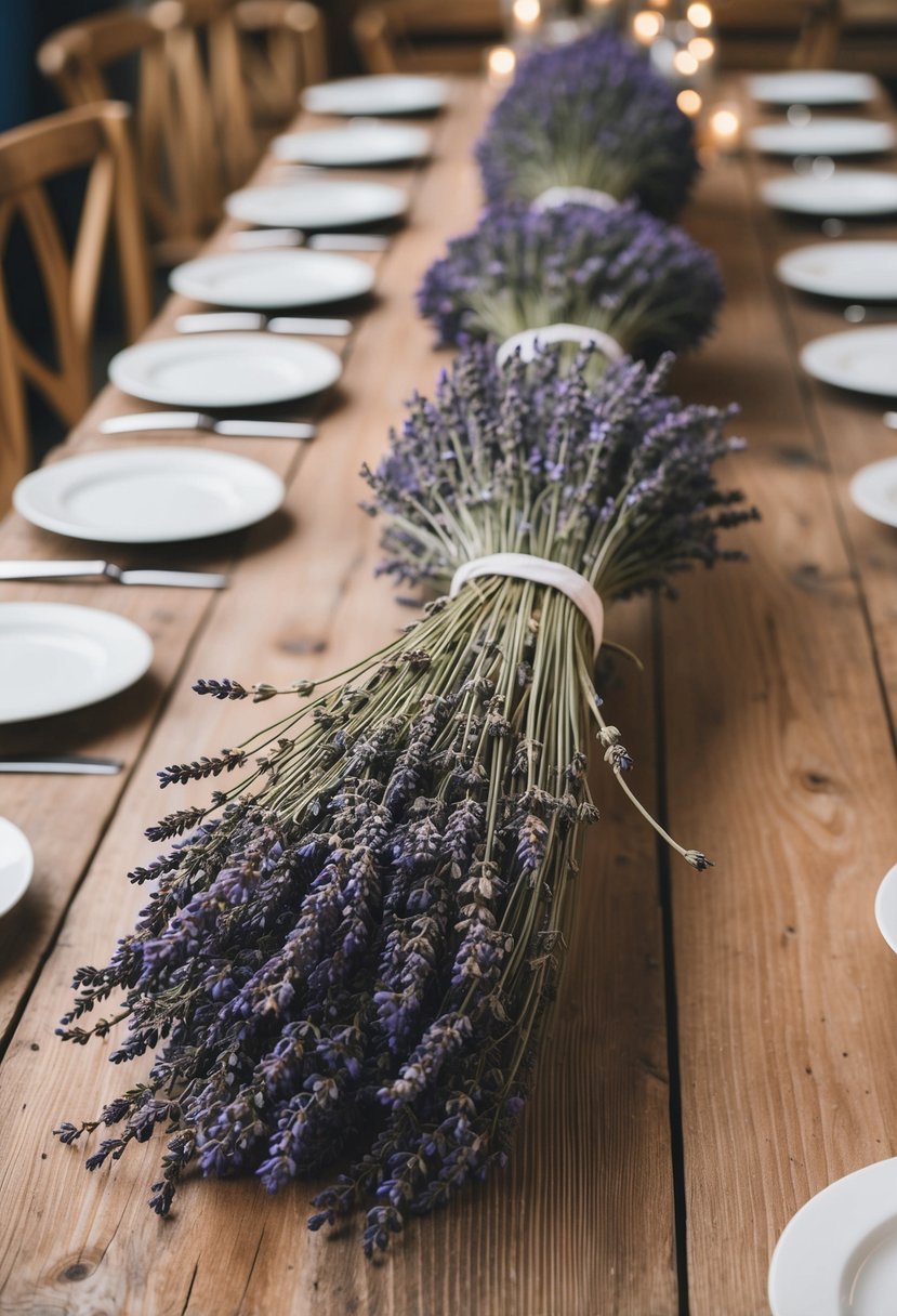 A rustic wooden table adorned with dried lavender bunches, creating a fragrant and elegant wedding centerpiece