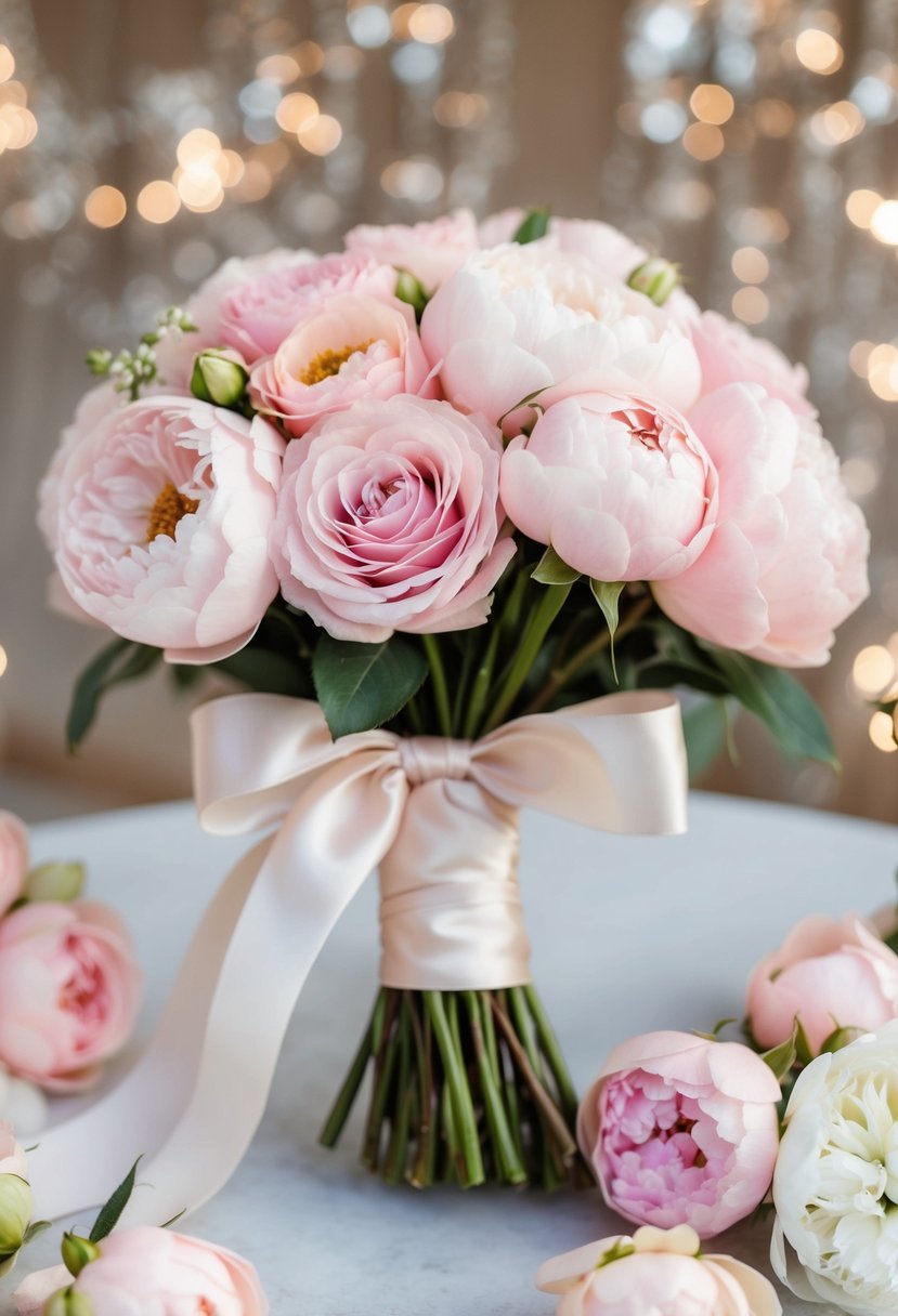 A delicate light pink bridal bouquet, surrounded by soft pink roses and peonies, tied with a satin ribbon