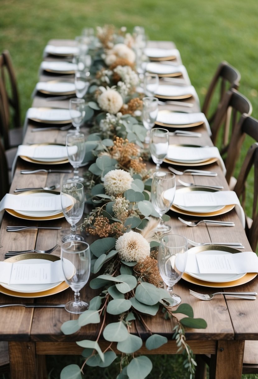 A table adorned with eucalyptus and dried flower garlands, creating a rustic and elegant wedding decoration