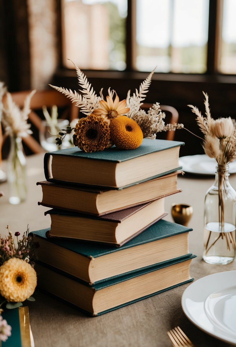 A stack of vintage books adorned with dried flowers and floral accents, serving as a unique and charming table decoration for a wedding