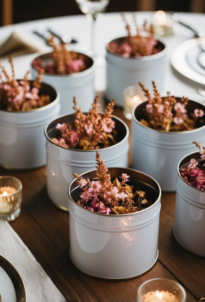 Tea tins filled with dried blossoms arranged as wedding table decorations