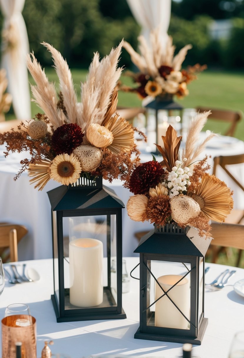 Rustic lanterns with dried flower arrangements on wedding tables