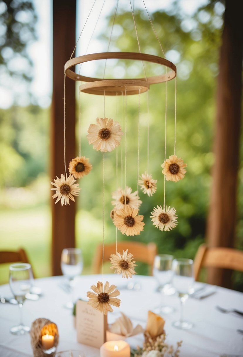 Dried flower mobiles hanging above a wedding table, creating a whimsical and romantic atmosphere with their delicate beauty