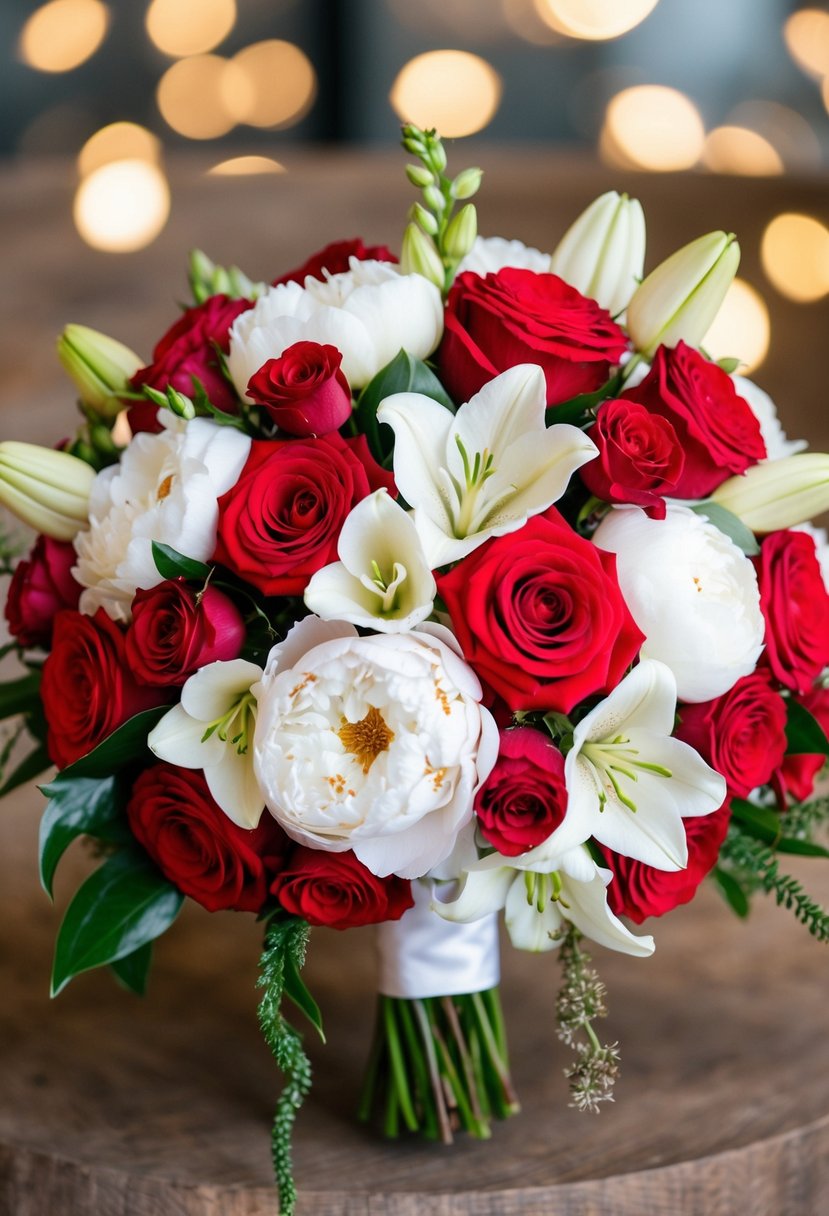 A vibrant red and white wedding bouquet with roses, peonies, and lilies arranged in a cascading style