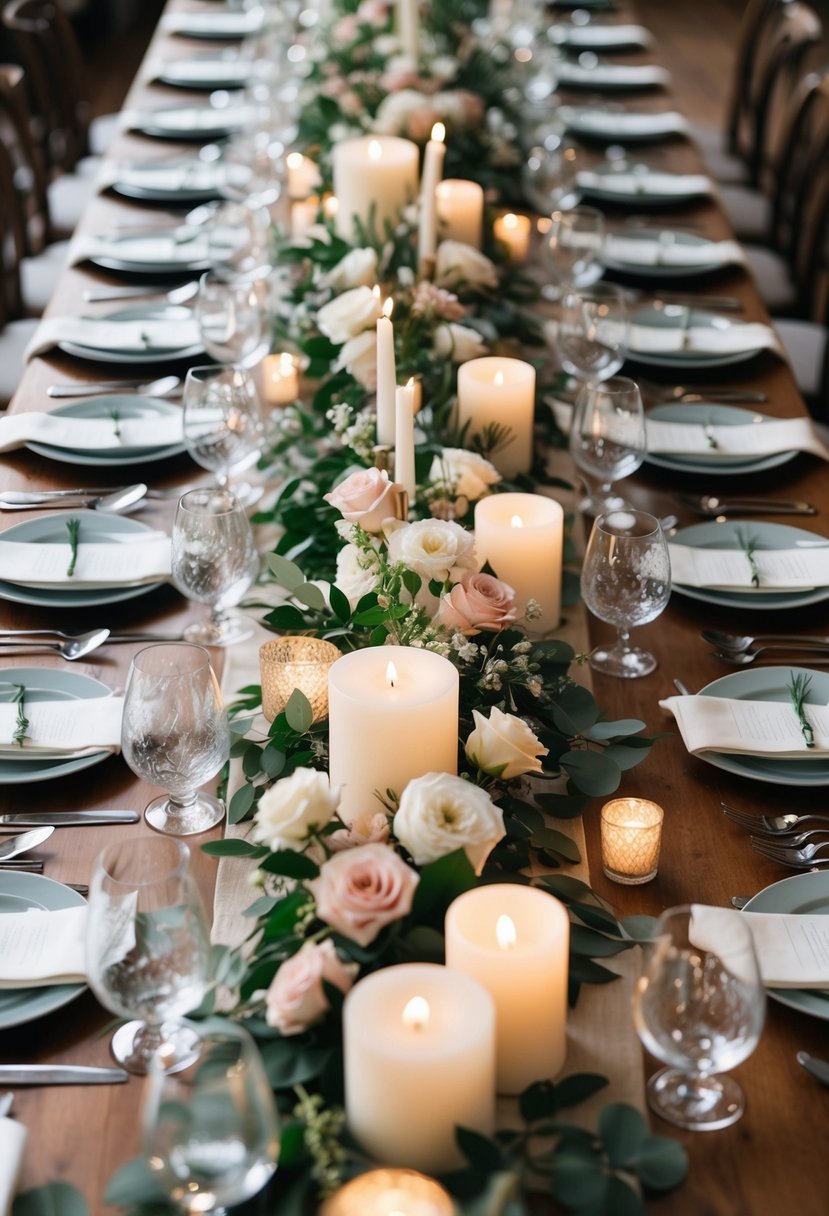 A long wooden table adorned with floral centerpieces, candles, and elegant place settings for a family-style wedding celebration