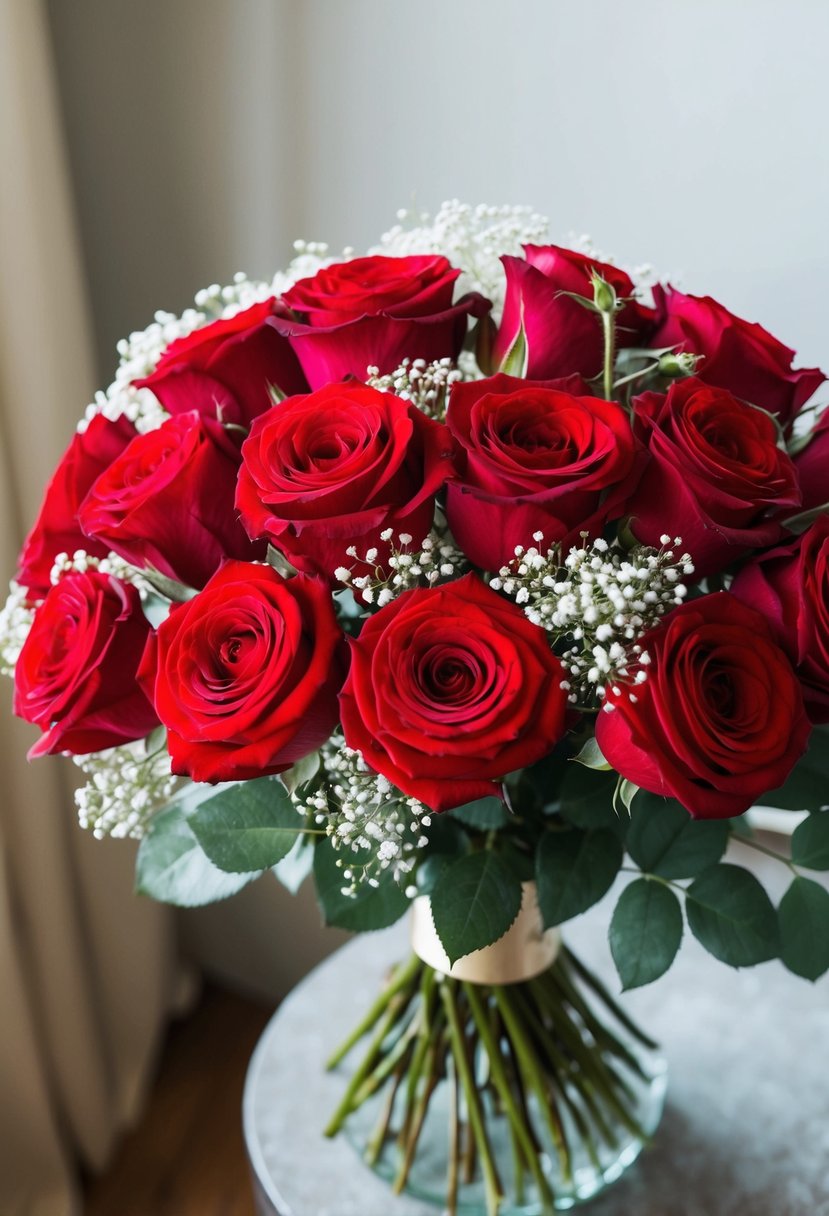 A lush bouquet of vibrant red roses with delicate baby's breath accents