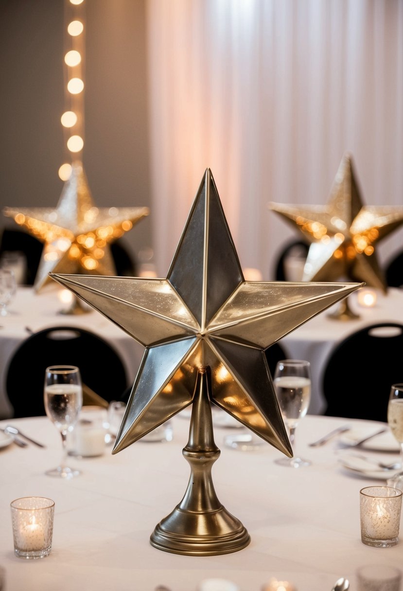 Metal stars adorn wedding table centerpiece