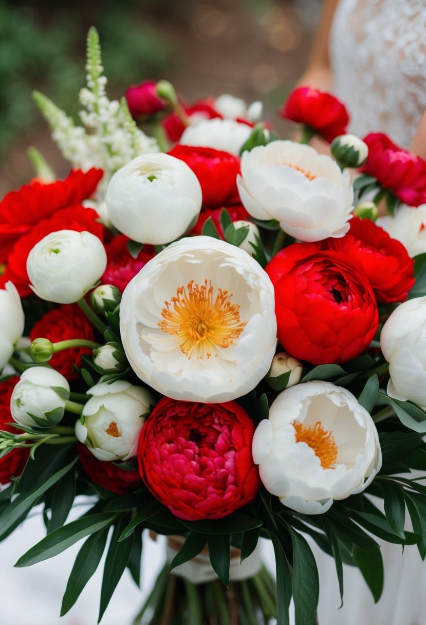 A vibrant bouquet of mixed ranunculus and white peonies, with red and white colors blending together in a stunning wedding arrangement