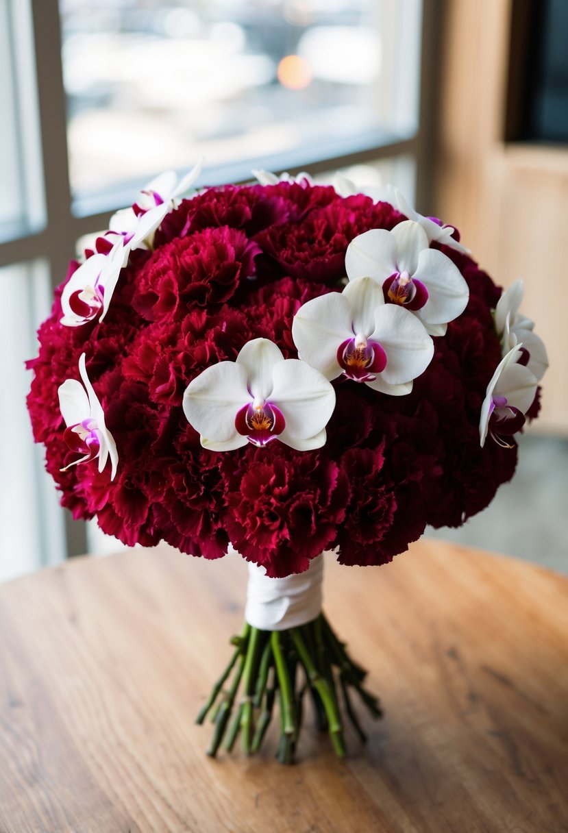 A bouquet of burgundy carnations and white orchids arranged in an elegant red and white wedding bouquet