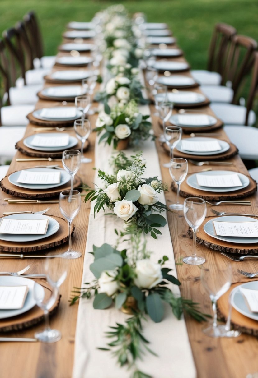 A long natural wood table adorned with rustic table runners, set for a family-style wedding celebration