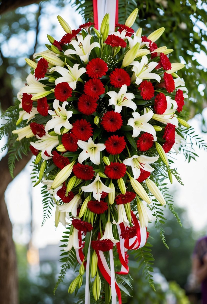 A cascading bouquet of red and white lilies, with greenery and ribbon accents