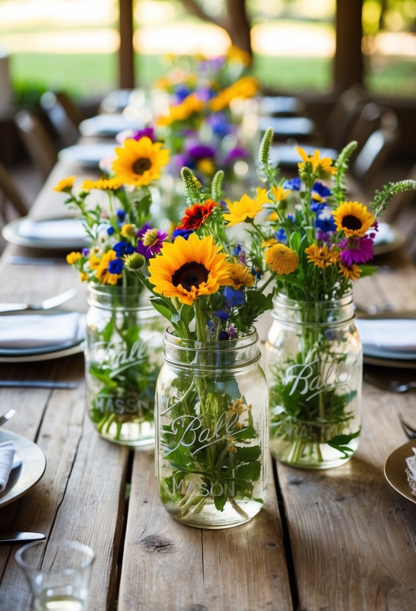 Mason jars filled with colorful wildflowers arranged on rustic wooden tables for a family-style wedding reception