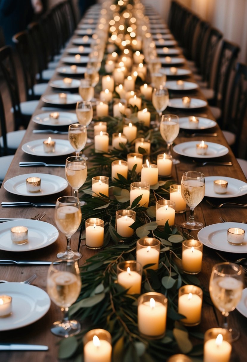 A long wooden table adorned with clusters of votive candles, creating a warm and intimate ambiance for a family-style wedding celebration