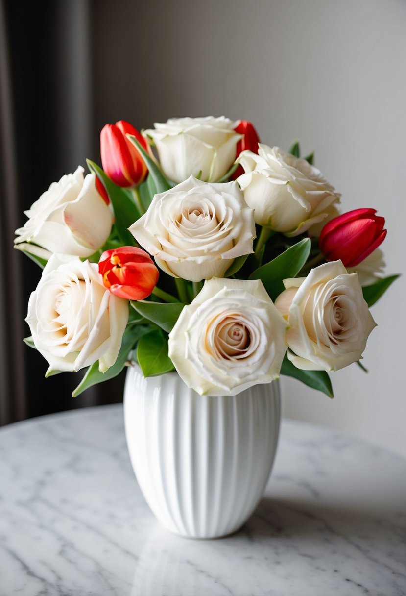 A bouquet of ivory roses with red tulip accents arranged in a white vase