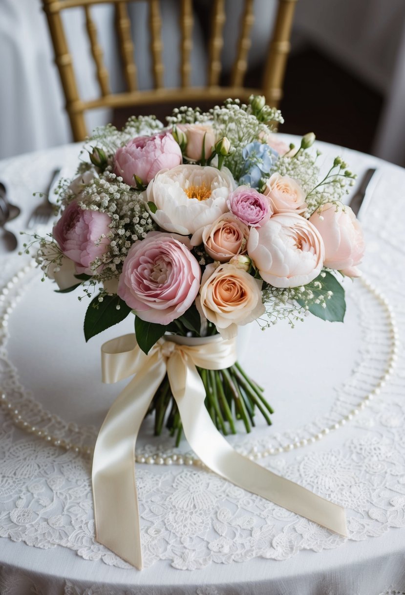 A table adorned with lace and pearls holds a bouquet of pastel roses, peonies, and baby's breath, tied with a satin ribbon