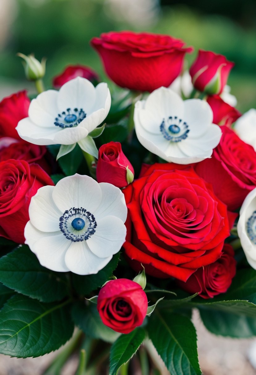 Anemones and red garden roses intertwined in a vibrant wedding bouquet