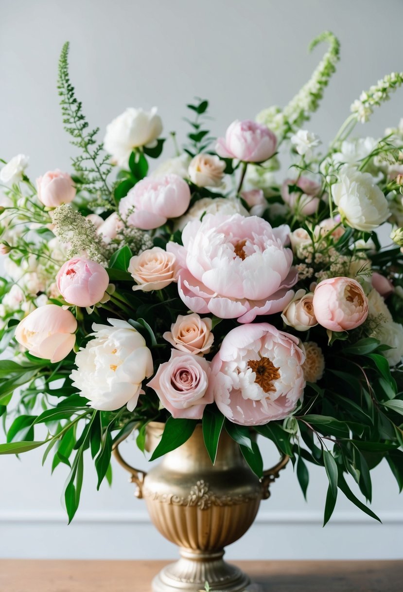 A lush arrangement of pastel peonies, roses, and greenery cascades from a vintage-inspired vase, creating a dreamy, romantic wedding bouquet