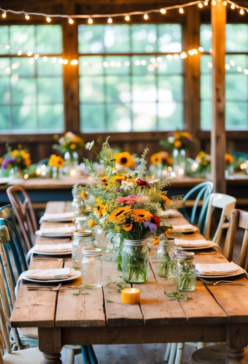 A rustic wooden table adorned with wildflower bouquets and mason jar centerpieces, surrounded by mismatched vintage chairs and twinkling string lights