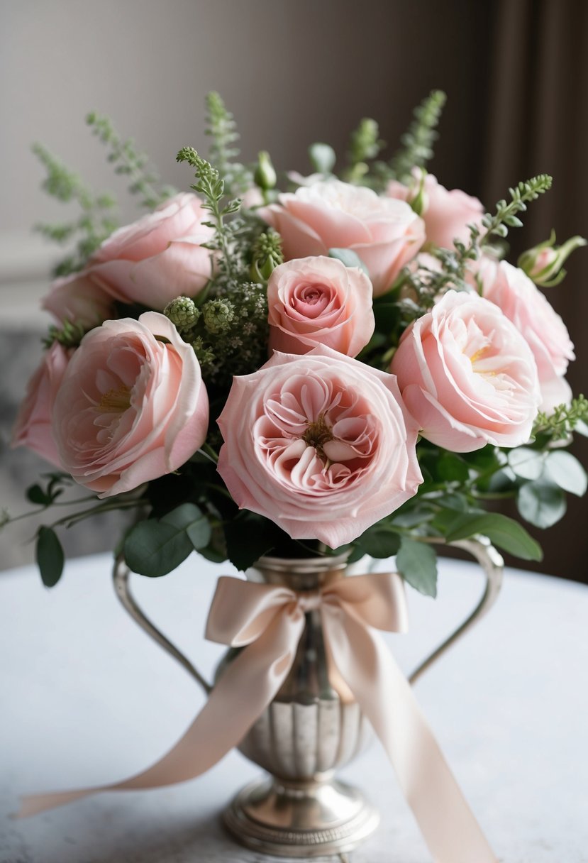 A delicate bouquet of blush pink English roses, accented with greenery and tied with a satin ribbon, sits in a vintage silver vase