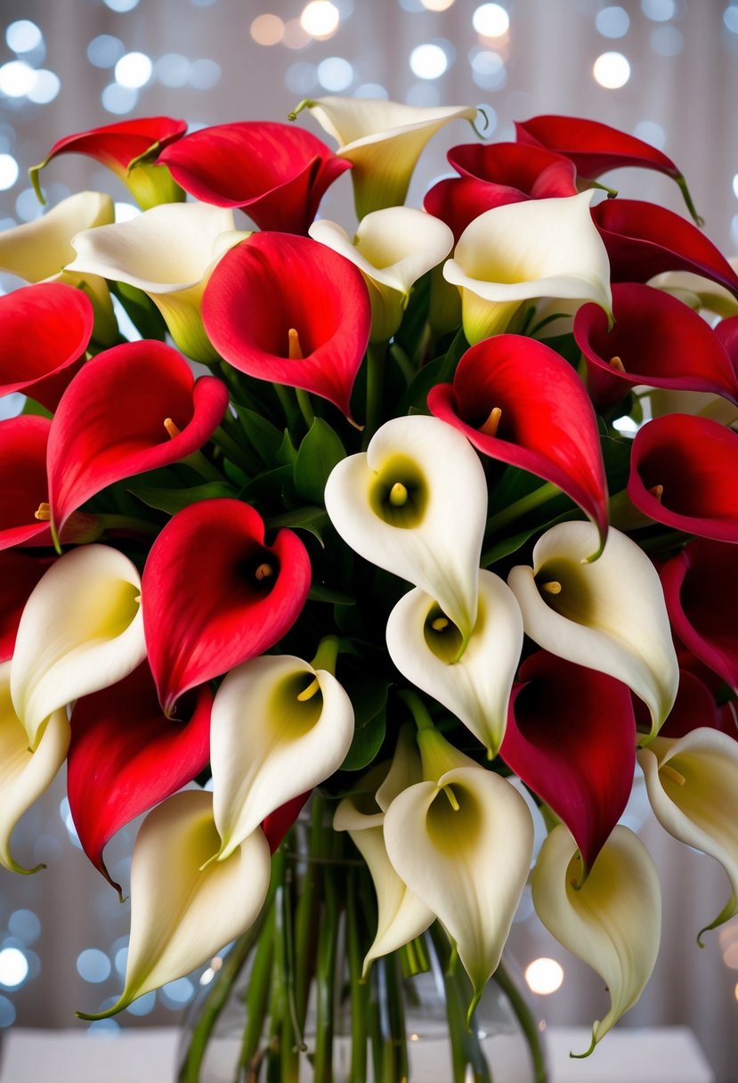 A vibrant bouquet of red and white calla lilies arranged in a delicate, cascading design