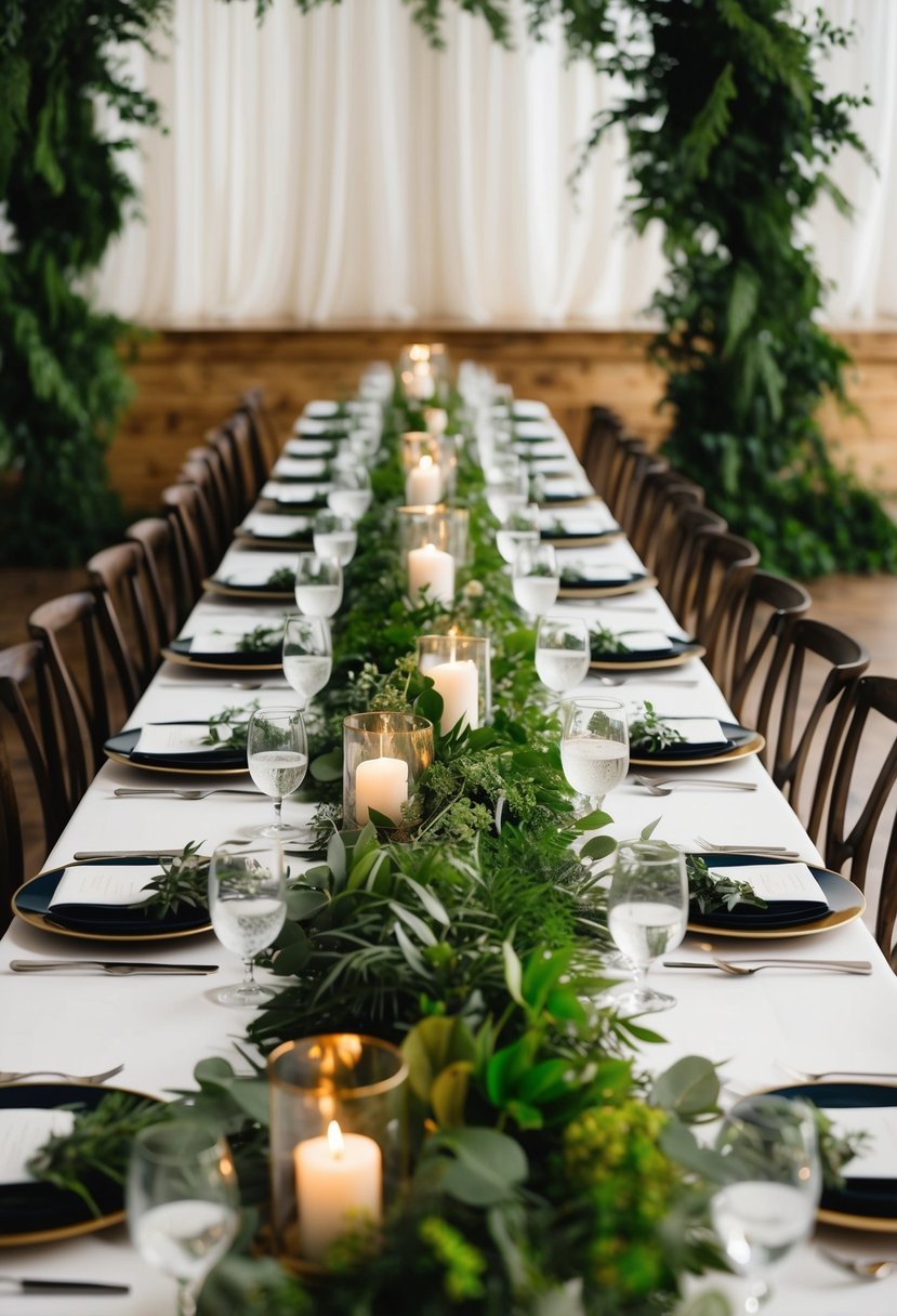 A long table adorned with lush greenery garlands, creating a vibrant and natural centerpiece for a family-style wedding celebration