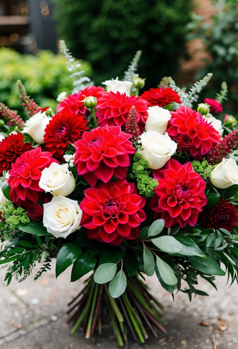 A lush bouquet of red dahlias, white roses, and greenery, arranged in a rustic, garden-inspired style