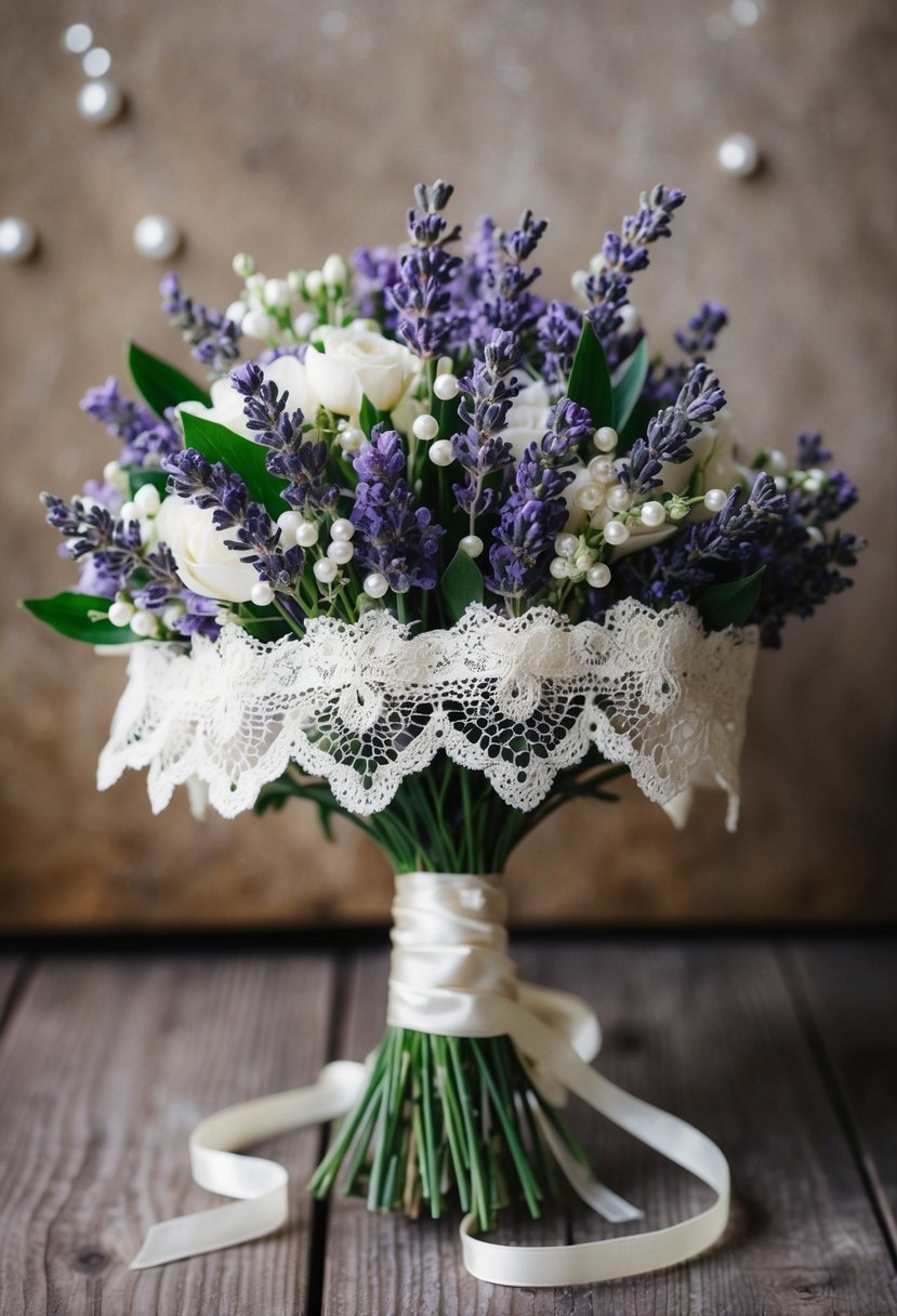 A delicate lace and lavender bouquet with vintage charm, adorned with pearls and ribbons, set against a rustic backdrop