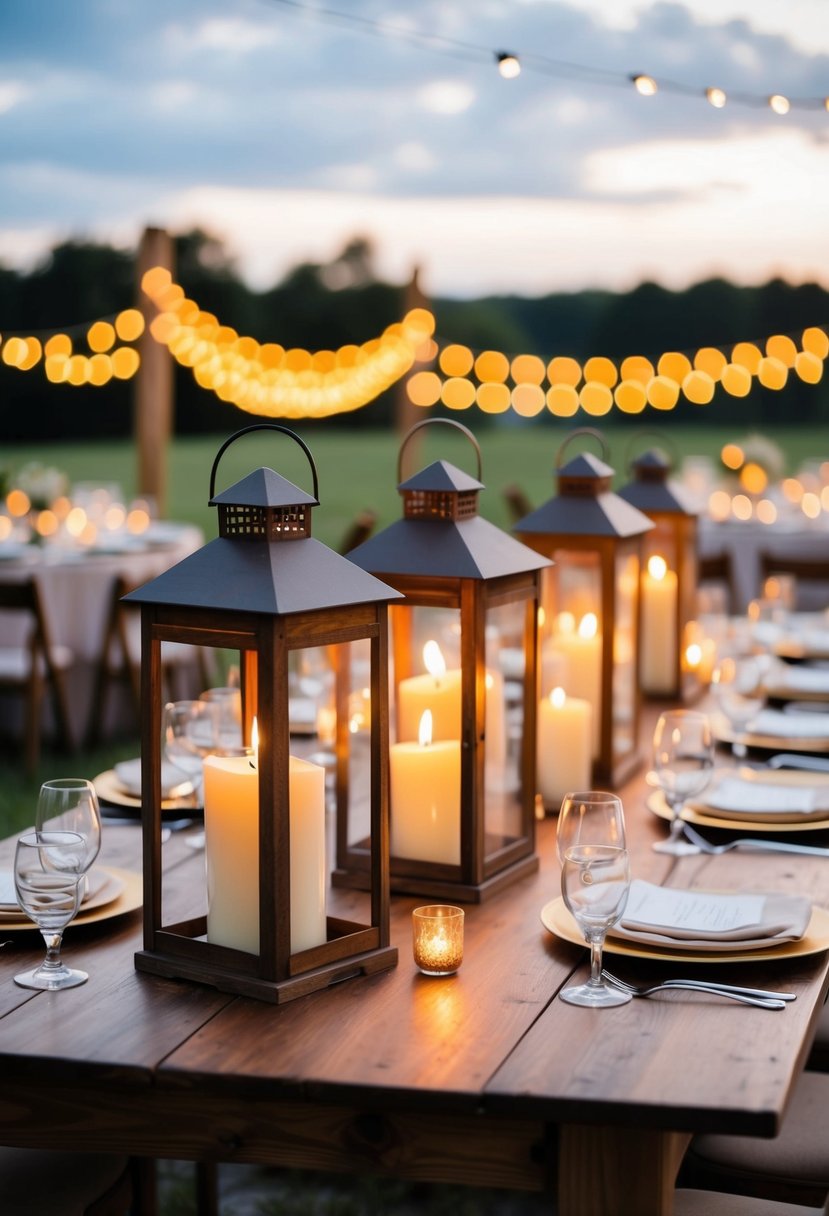 Rustic lanterns with lit candles adorn a family style wedding table, creating a warm and intimate ambiance