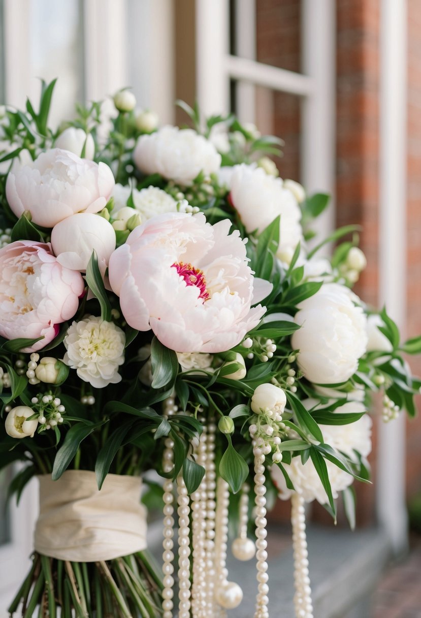 A lush peony bouquet cascading with pearls and vintage charm