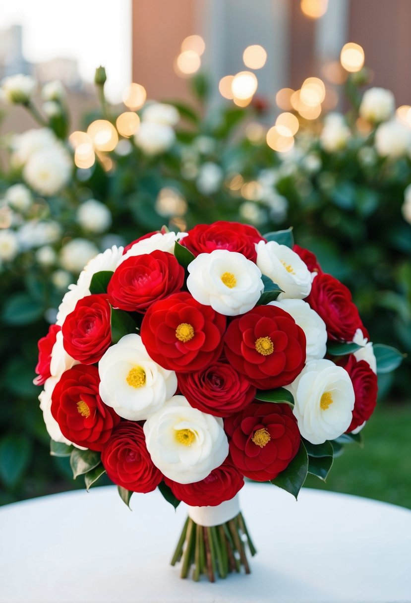 A vibrant bouquet of red and white camellias arranged in an elegant wedding bouquet