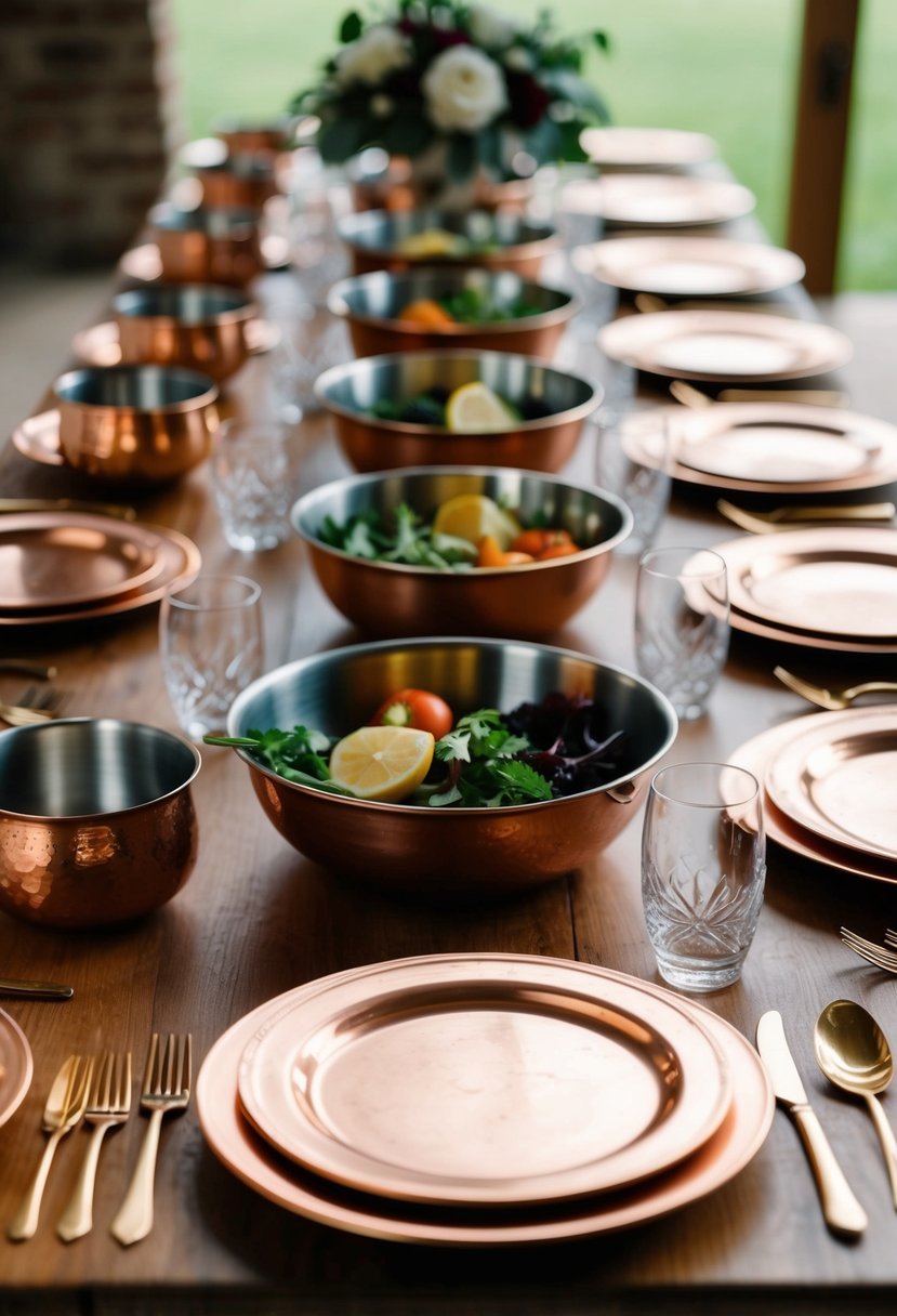 Copper plates, bowls, and utensils arranged in a family-style setting on a wooden table for a wedding reception