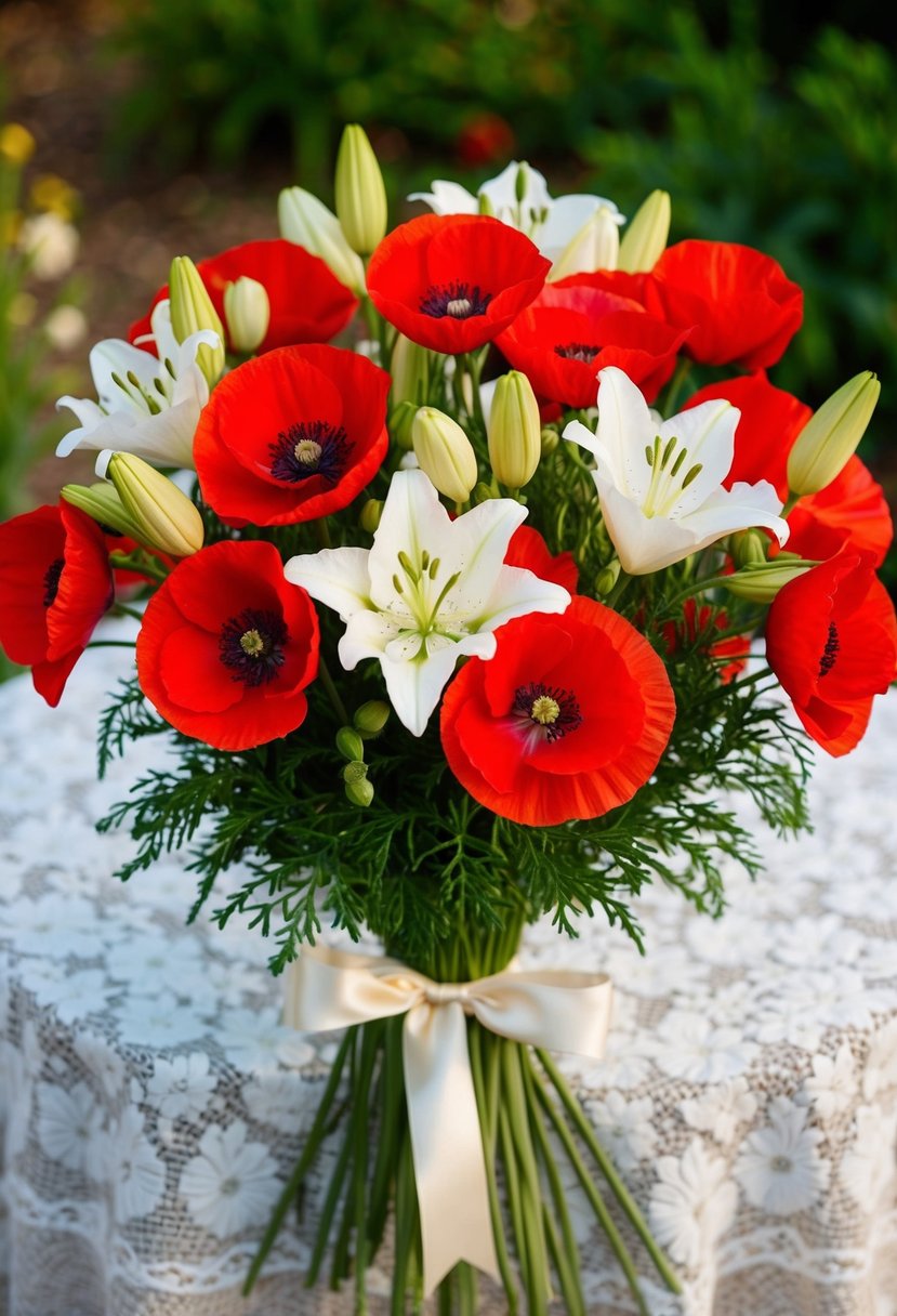 A lush bouquet of red poppies and white lilies, tied with a satin ribbon, rests on a lace-covered table