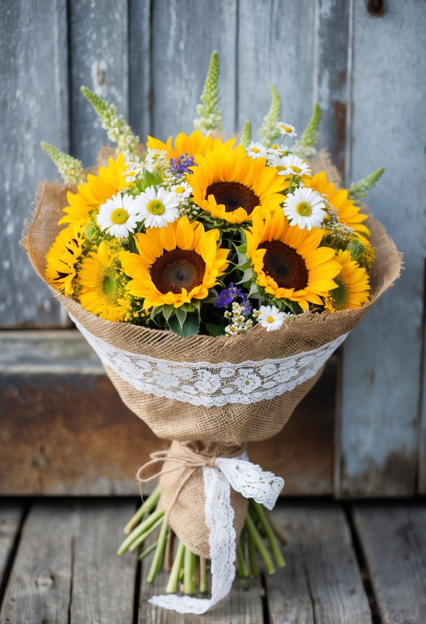 A rustic burlap-wrapped bouquet of sunflowers, daisies, and wildflowers, tied with twine and adorned with lace, set against a weathered barn backdrop