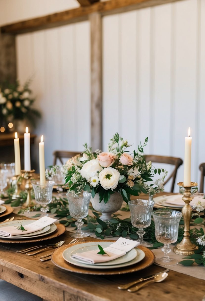 A rustic wooden table adorned with vintage glassware sets for a family-style wedding, featuring delicate floral arrangements and elegant candle holders