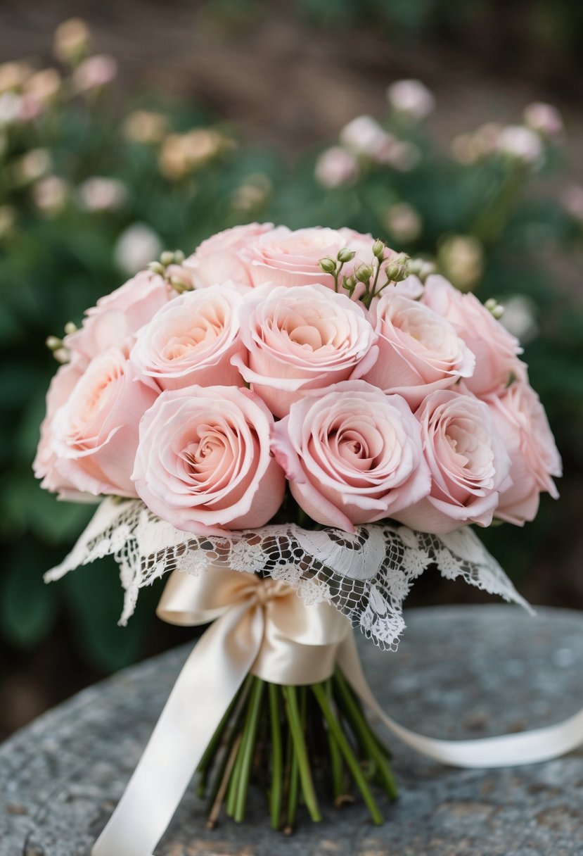 A delicate bouquet of blush pink roses and vintage lace, tied with a satin ribbon