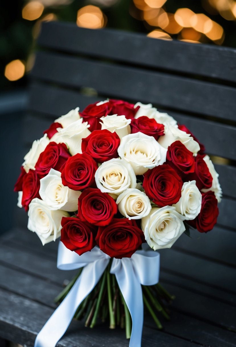 A classic bouquet of red and ivory roses, tied with a white ribbon